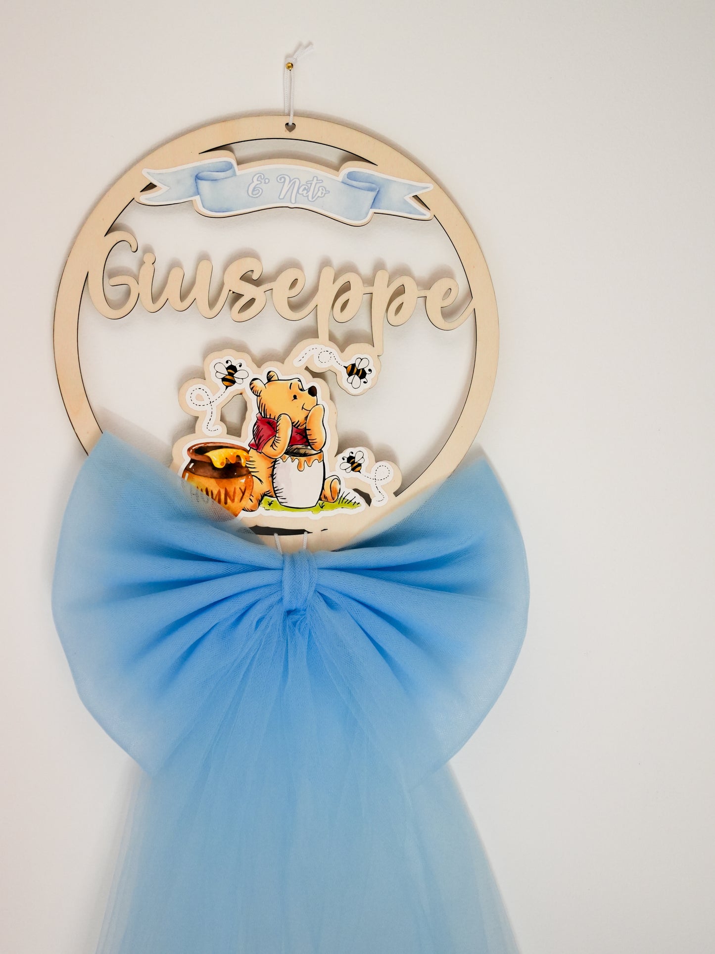 Fiocco nascita personalizzato in legno – Tema Winnie the Pooh