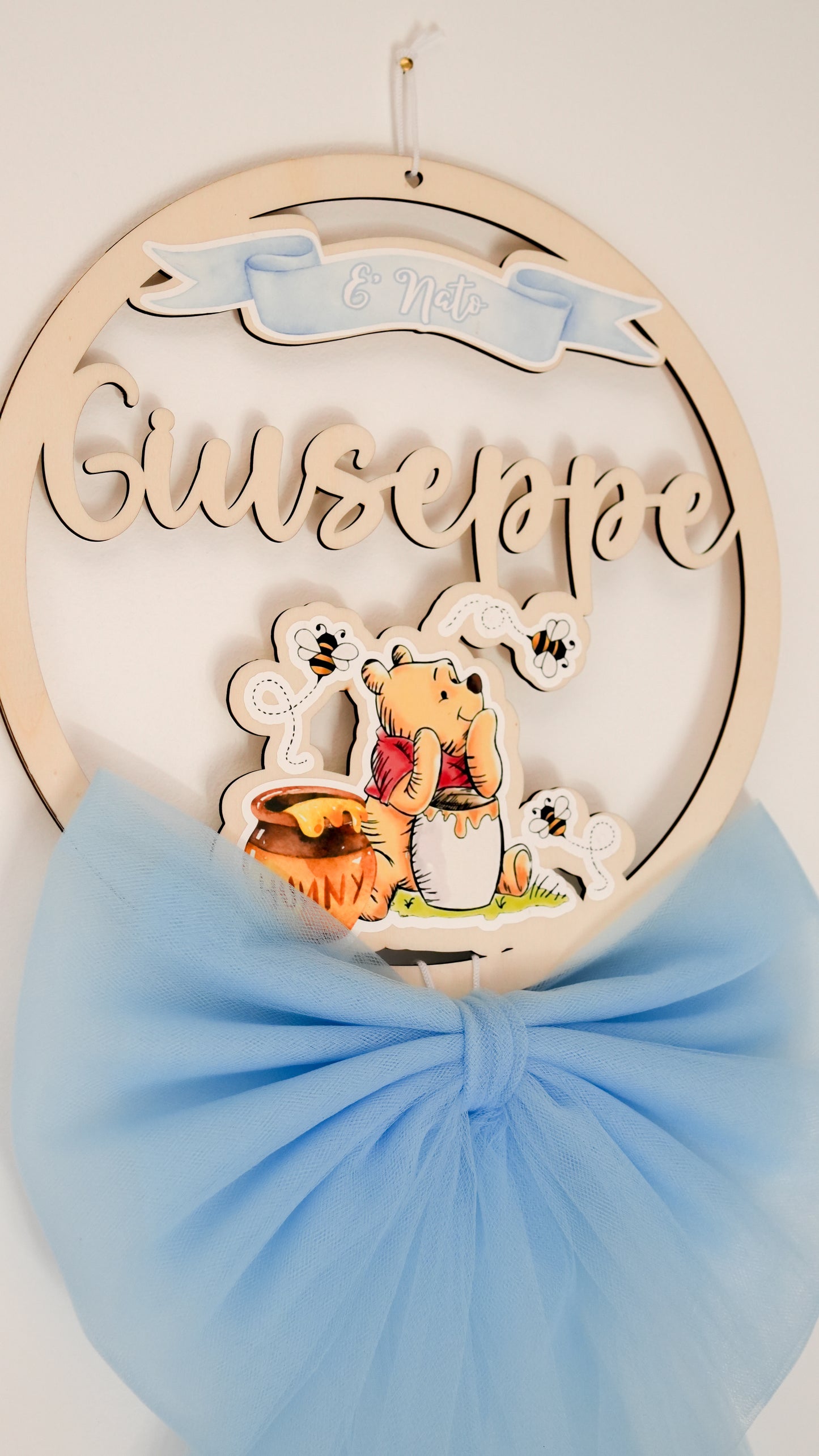Fiocco nascita personalizzato in legno – Tema Winnie the Pooh