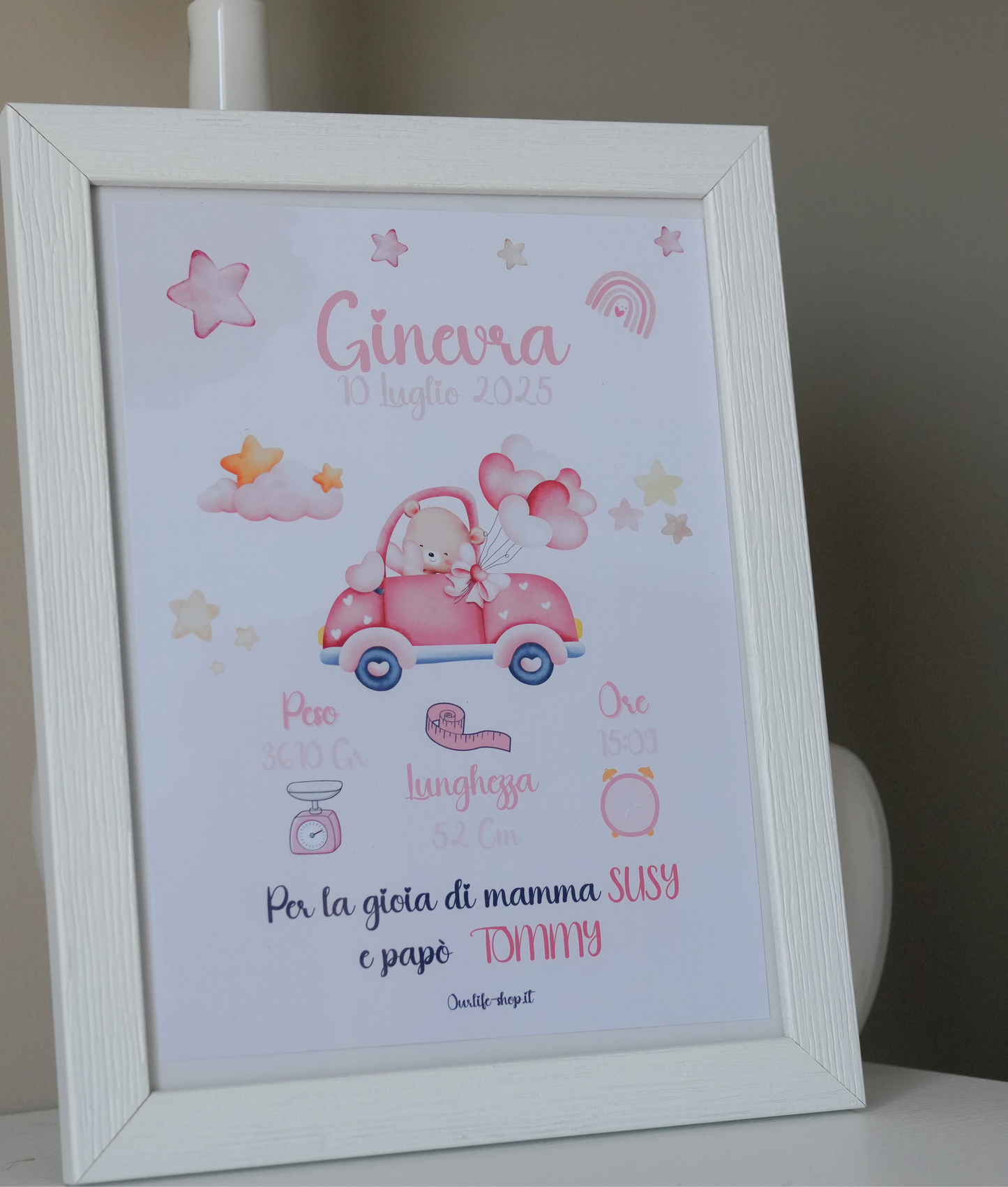 Quadro nascita da appendere- personalizzato – Orsetto in auto rosa