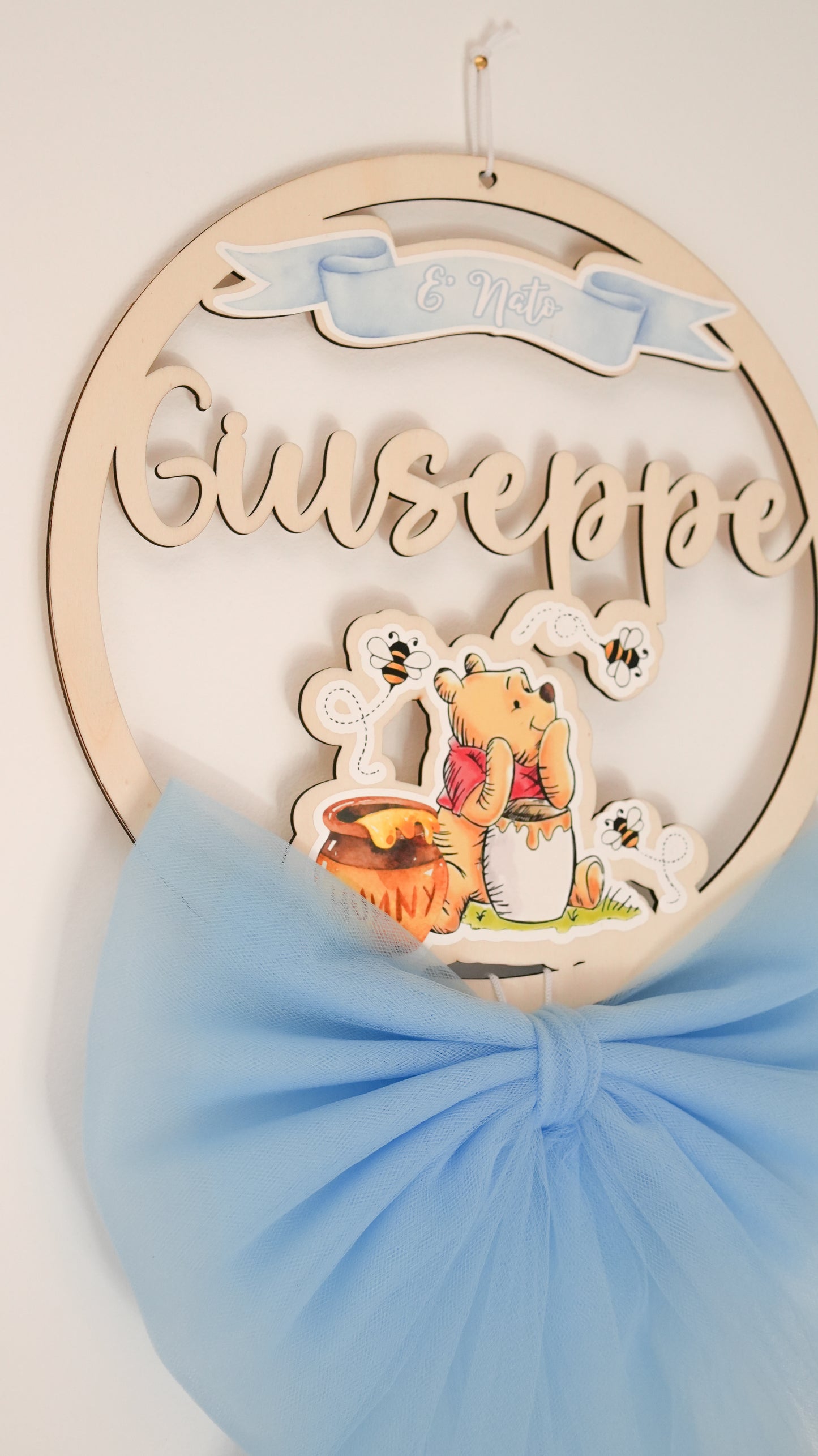 Fiocco nascita personalizzato in legno – Tema Winnie the Pooh