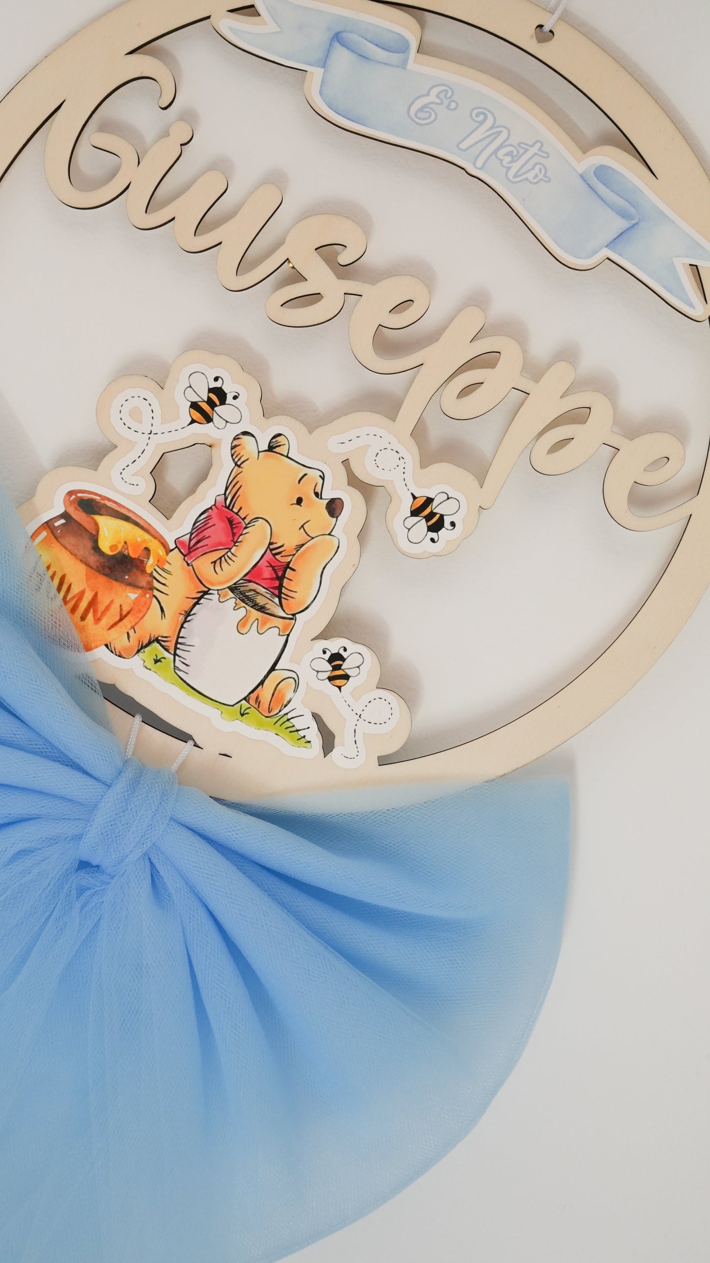 Fiocco nascita personalizzato in legno – Tema Winnie the Pooh