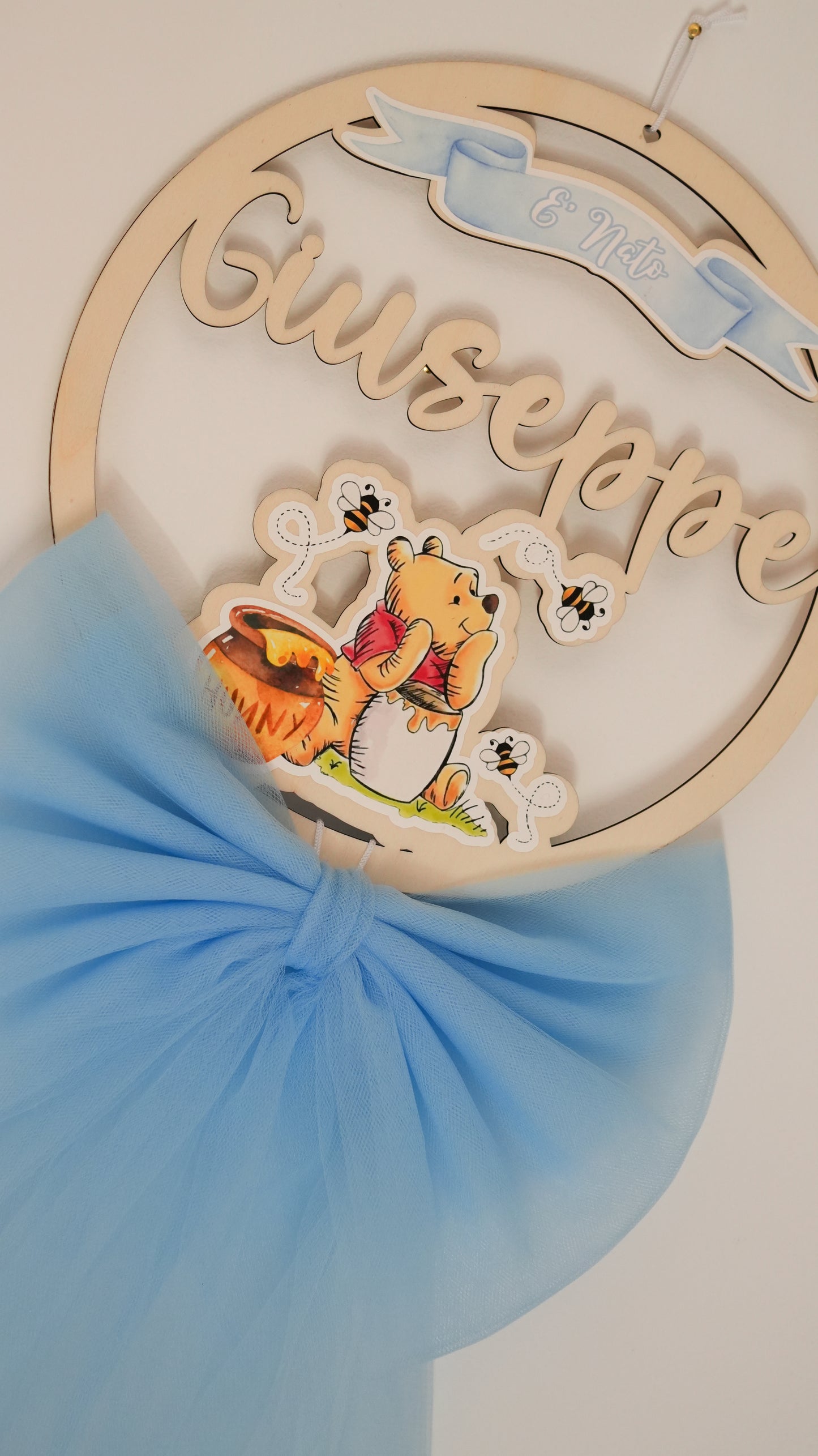 Fiocco nascita personalizzato in legno – Tema Winnie the Pooh