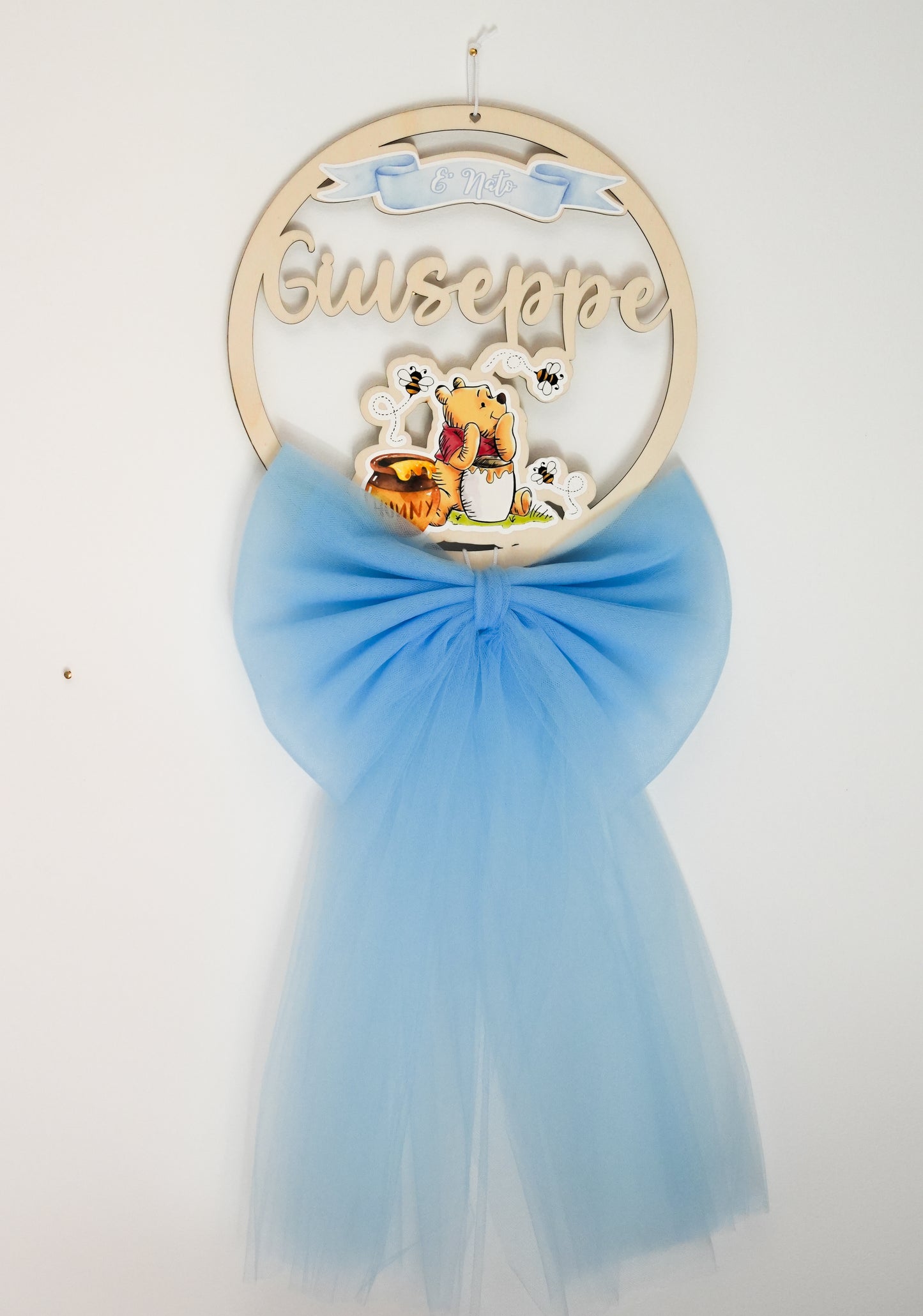 Fiocco nascita personalizzato in legno – Tema Winnie the Pooh