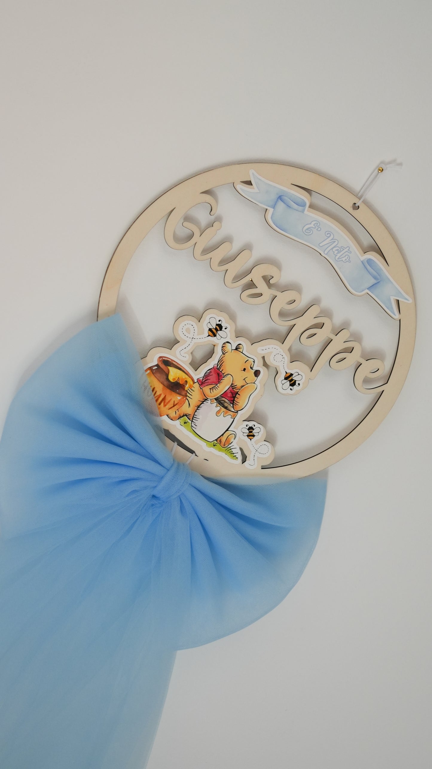 Fiocco nascita personalizzato in legno – Tema Winnie the Pooh