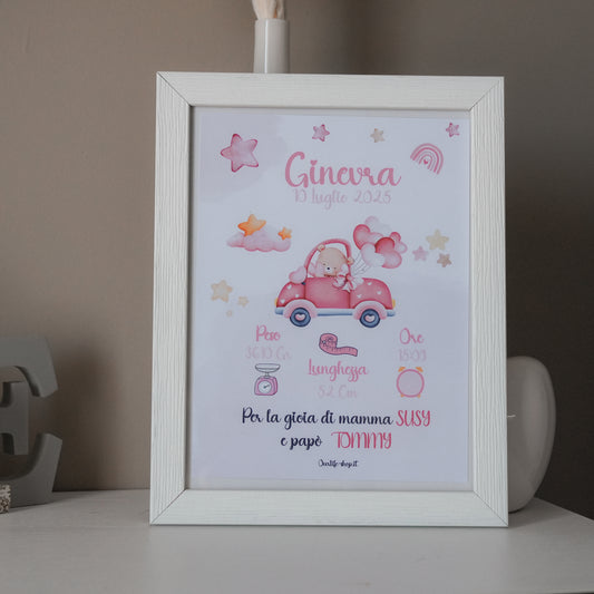 Quadro nascita da appendere- personalizzato – Orsetto in auto rosa