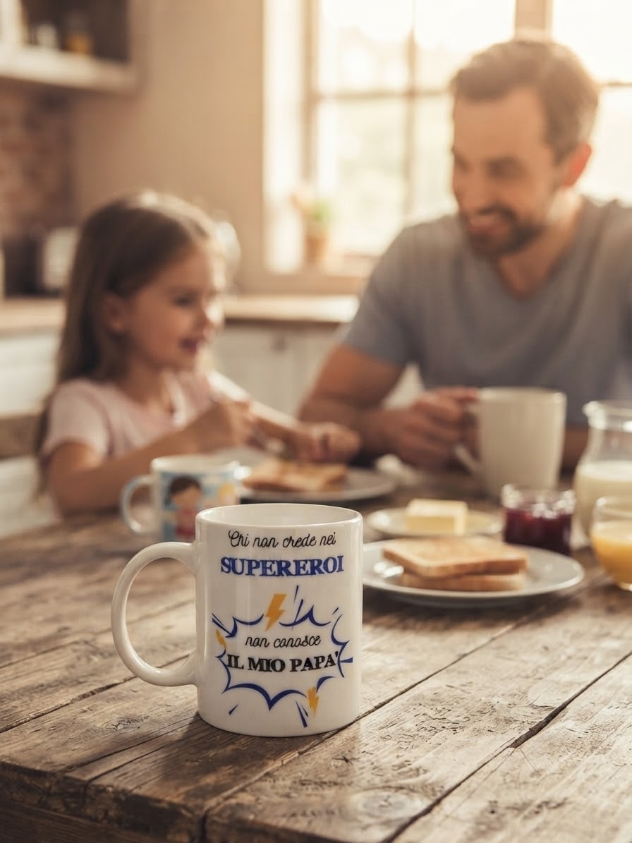 Tazza colazione con dedica "Chi non crede nei supereroi non conosce il mio papà" - Regalo Festa del Papà