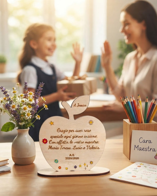 Mela in Legno Personalizzata - Regalo Fine Anno Scolastico per Maestre