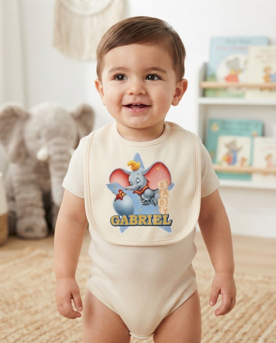 Bavaglino personalizzato Dumbo azzurro – Con nome e stampa baby boy